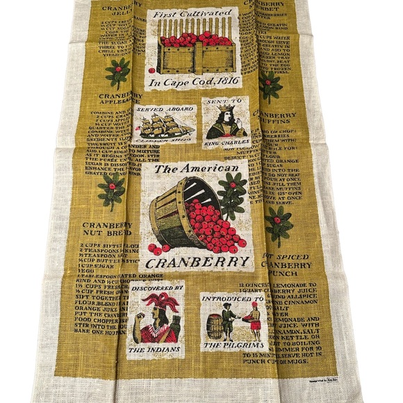 Retro Linen kitchen towel Pilgrim Thanksgiving motif 100%Linen - Picture 2 of 6